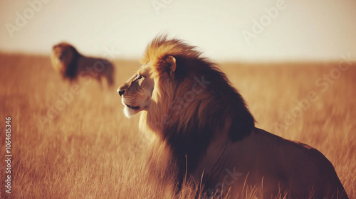 Majestic male lion resting on sunlit savannah with a second lion in the background, symbolizing Africa’s natural heritage, strength, and the crucial balance needed to protect endangered species photo