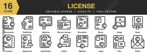 License icon set. Editable Stroke Icon Collection. Includes agreement, book, certificate, contract, diploma, document, and More. Outline icons vector collection.