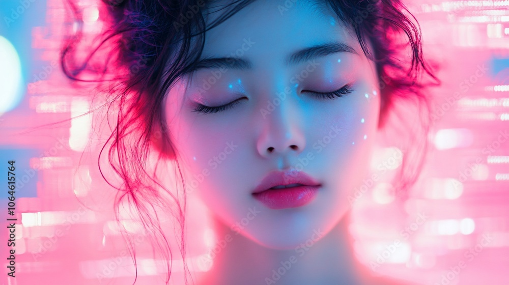 Close-up portrait of a young woman with closed eyes and glowing skin in front of a pink and blue neon lights.