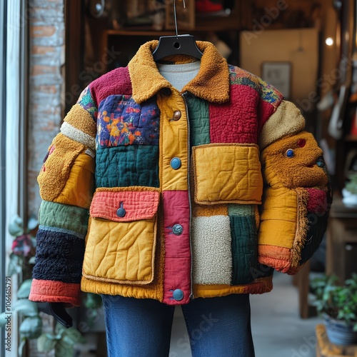 mannequin  holding up a unique jacket found in a thrift shop