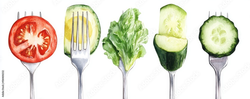 Vegetables on Fork isolated white background,Fresh organic vegetables, Hand drawn watercolor illustration isolated on white background,Healthy salad food,space for text. Vegetables on Fork isolated white background,Fresh organic vegetables, Hand drawn watercolor illustration isolated on white background,Healthy salad food,space for text.