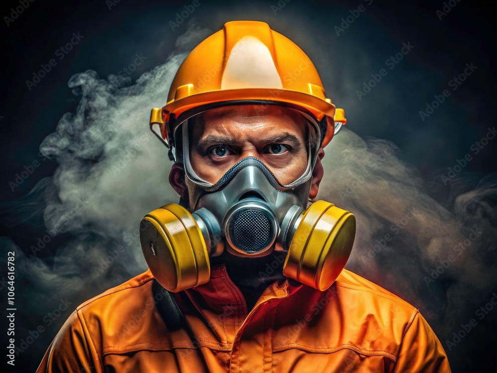 Close-Up Portrait of Worker in Orange Protective Suit and Yellow Hard Hat Symbolizing Safety in Hazardous Environments Close-Up Portrait of Worker in Orange Protective Suit and Yellow Hard Hat Symbolizing Safety in Hazardous Environments