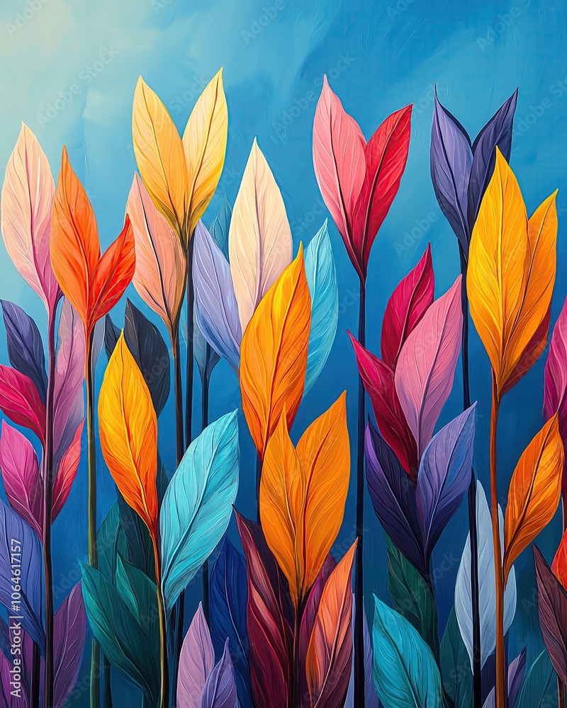 Colorful leaves against a blue background. Colorful leaves against a blue background.