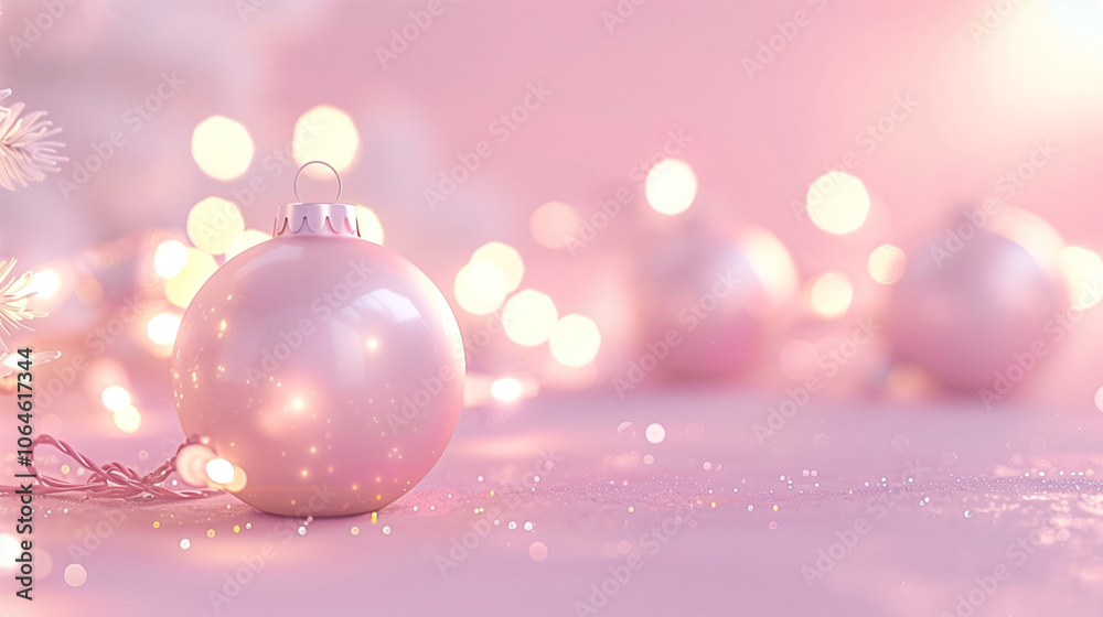 Light pink Christmas background with bokeh lights and a pink Christmas ornament. Pastel colors. Christmas banner with copy space Light pink Christmas background with bokeh lights and a pink Christmas ornament. Pastel colors. Christmas banner with copy space