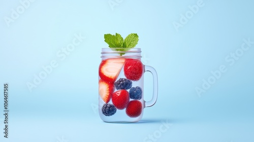 Refreshing fruit infused water with strawberries, blueberries, and mint leaves in clear jar. Perfect for hydration and summer vibes