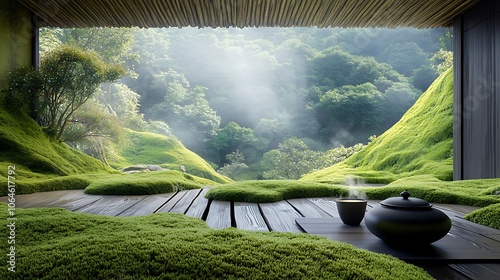 Tranquil green landscape viewed from a serene wooden room with steaming tea in a tranquil setting at dawn