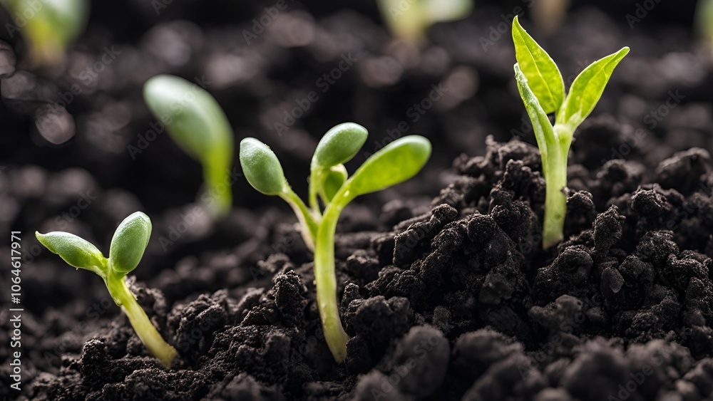 Bean seeds sprouting from the black soil. Close-up shot. Bean seeds sprouting from the black soil. Close-up shot.