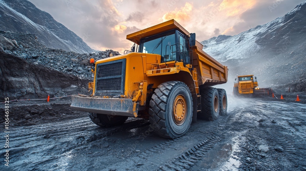 Two large, heavy-duty dump trucks navigate a rocky landscape at a construction site nestled in the mountains, illuminated by a colorful sunset. Two large, heavy-duty dump trucks navigate a rocky landscape at a construction site nestled in the mountains, illuminated by a colorful sunset.
