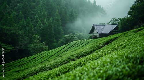 Lush tea fields surround a traditional wooden house nestled in the misty hills during early morning hours in a tranquil rural landscape