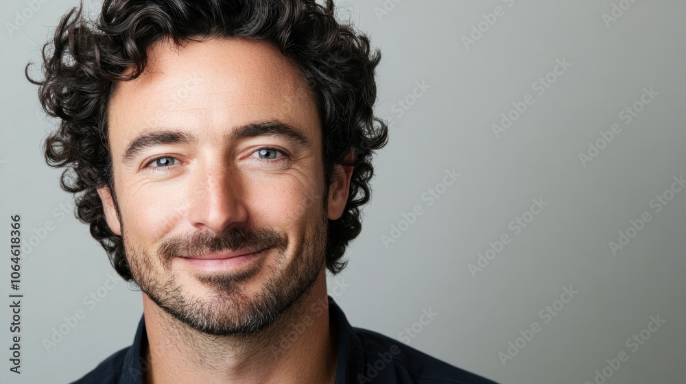 Fototapeta premium Man with rich, fluffy curls and subtle smile, isolated on a simple gray background