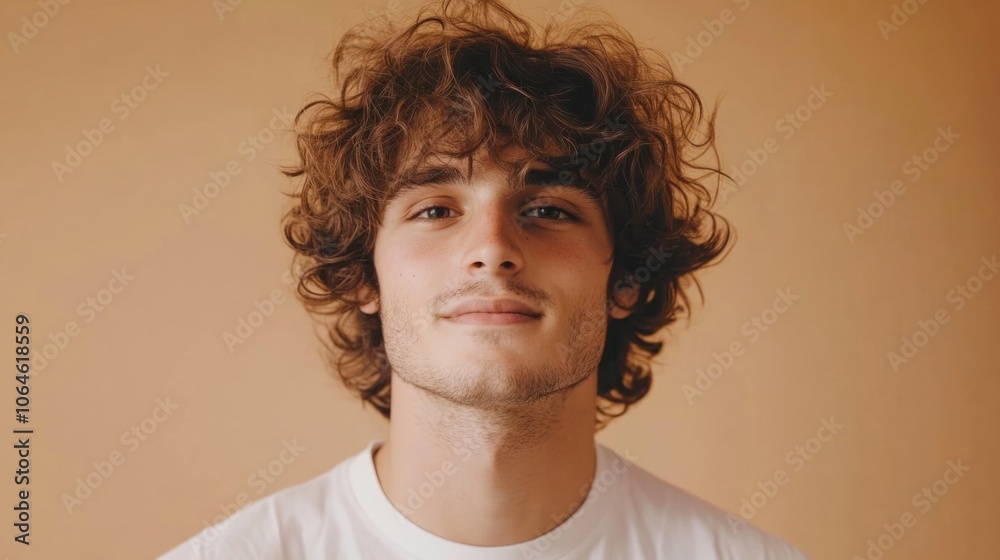Fototapeta premium Man with voluminous, curly hair and gentle smile, isolated on a soft, beige background