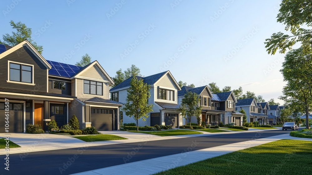 A row of modern townhouses with solar panels. A row of modern townhouses with solar panels.