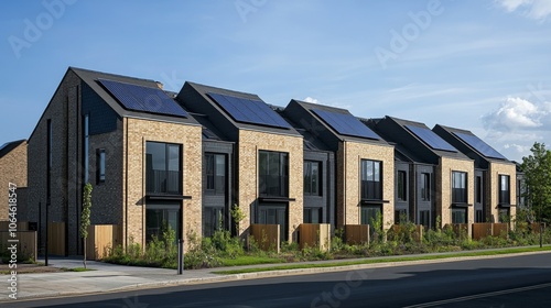 A row of modern townhouses with solar panels.