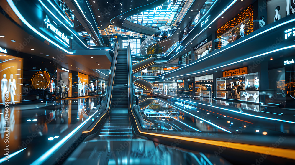 Futuristic Smart Shopping Mall with Interactive Displays and Automated Checkout Futuristic Smart Shopping Mall with Interactive Displays and Automated Checkout