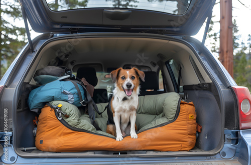 A dog guards the car and gear on a camping trip. Photo series