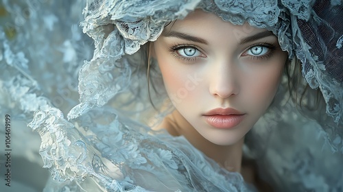 Mystical Woman with Lace Veil and Gray Eyes