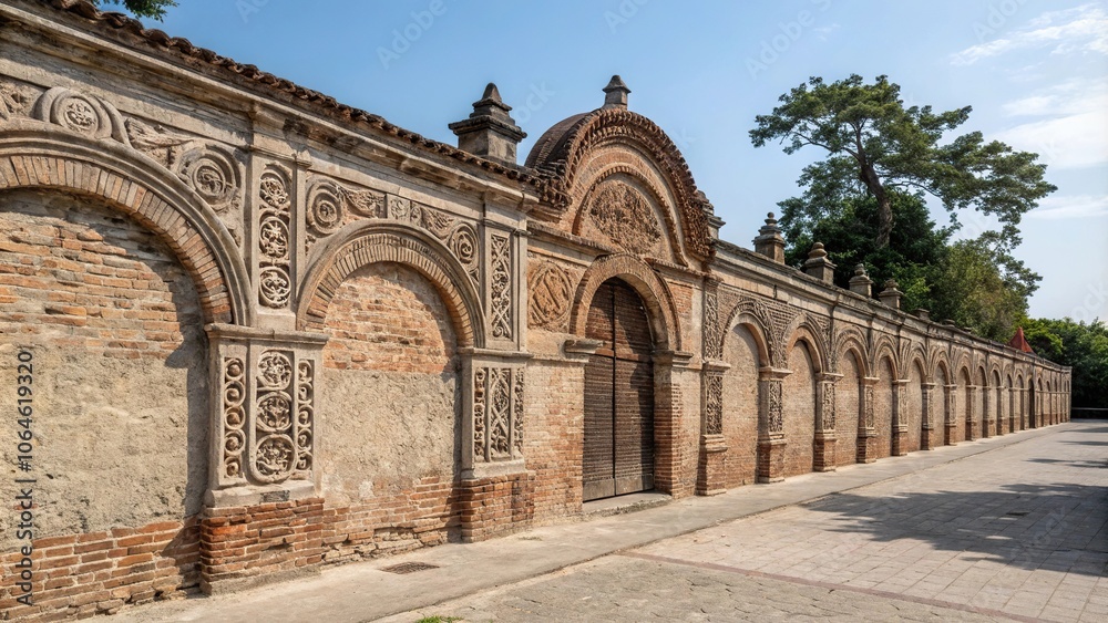Obraz premium Old brick wall with arches and ornate details, background, exterior, construction