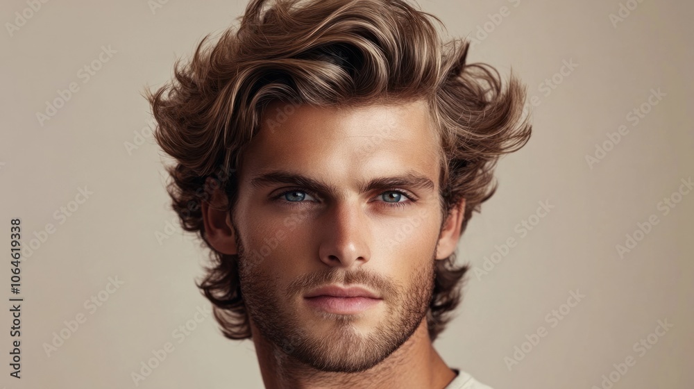Man with voluminous hair styled in natural waves, wearing a calm expression on a neutral backdrop Man with voluminous hair styled in natural waves, wearing a calm expression on a neutral backdrop