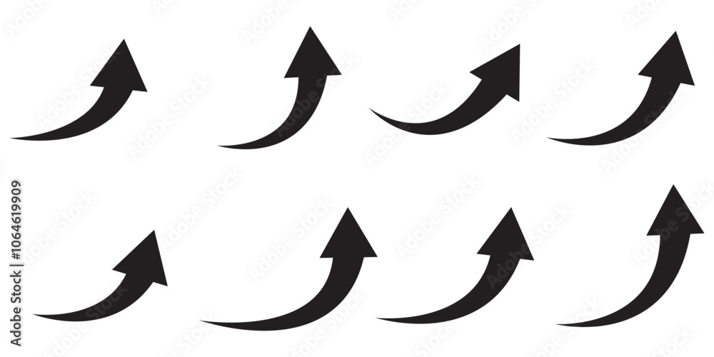Arrow up icons. Set of curve rise increase arrows. Growth pictogram isolated. Vector illustration. Arrow up icons. Set of curve rise increase arrows. Growth pictogram isolated. Vector illustration.