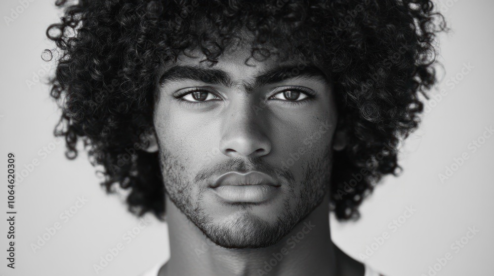 Portrait of a man with big, natural curls, looking confidently at the camera on a plain background Portrait of a man with big, natural curls, looking confidently at the camera on a plain background