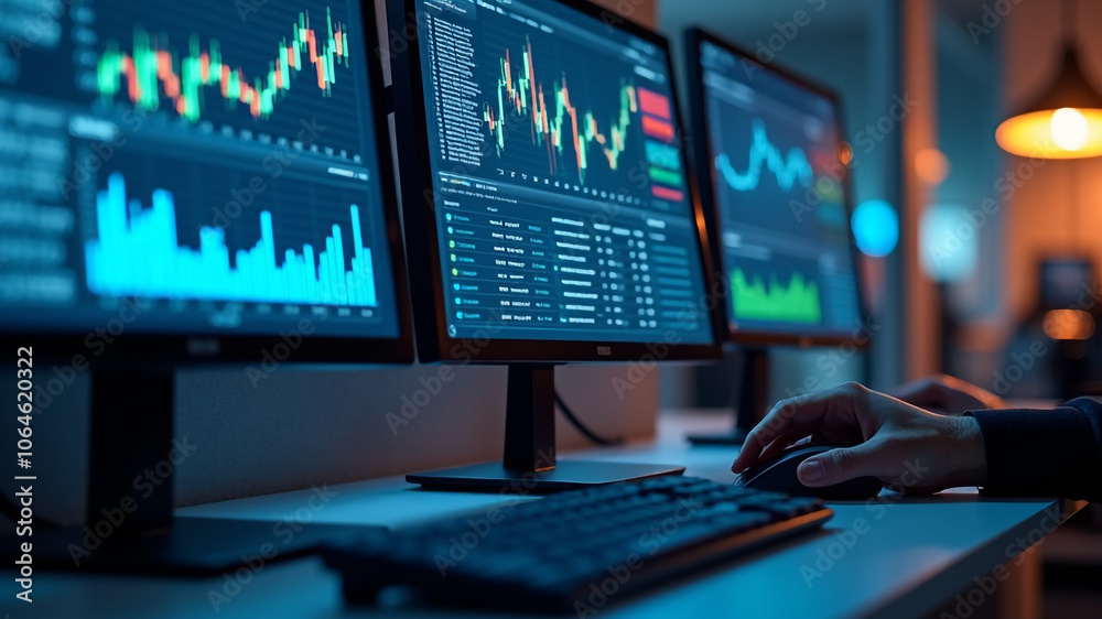 High-Tech Financial Analysis with Graphs and Charts on Multiple Big Screens Modern Data Visualization for Business Insights.
