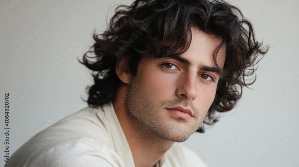 Portrait of a man with natural, voluminous curls, looking calm and relaxed on a clean background Portrait of a man with natural, voluminous curls, looking calm and relaxed on a clean background