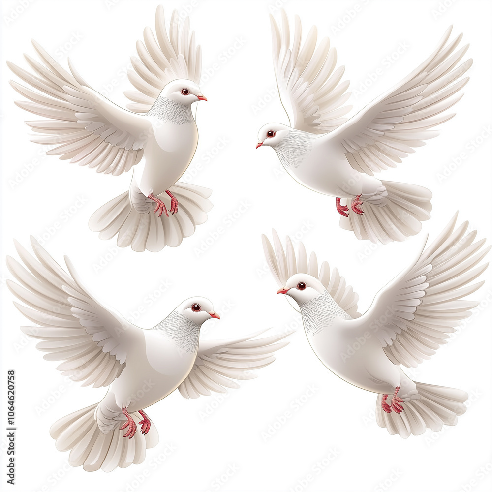 Fototapeta premium Graceful Doves in Flight Against a Clean White Background