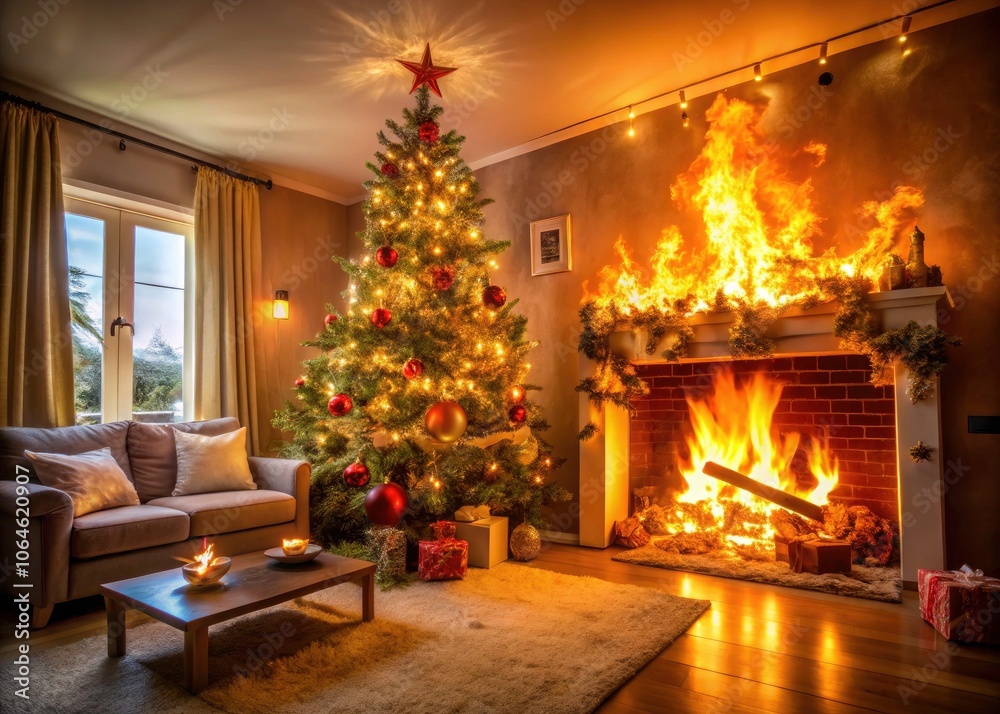 Dramatic Scene of a Burning Christmas Tree in Living Room Highlighting Holiday Fire Safety Risks with Flames and Decorations Dramatic Scene of a Burning Christmas Tree in Living Room Highlighting Holiday Fire Safety Risks with Flames and Decorations
