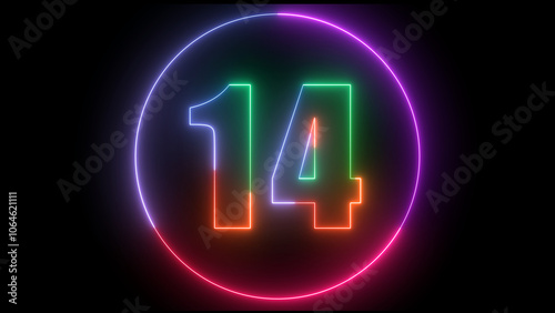 glowing Neon number 14 with neon circle illustrion on black background, the best digital Education concept. 