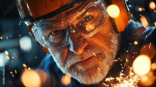 An old worker in overalls and a helmet with glasses, working on an angle grinder and electric chainsaw at a large modern factory. photo