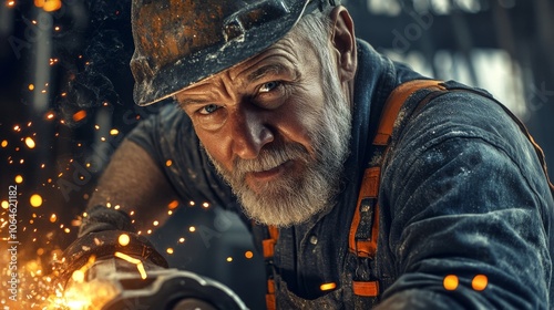 An old worker in overalls and a helmet with glasses, working on an angle grinder and electric chainsaw at a large modern factory. photo