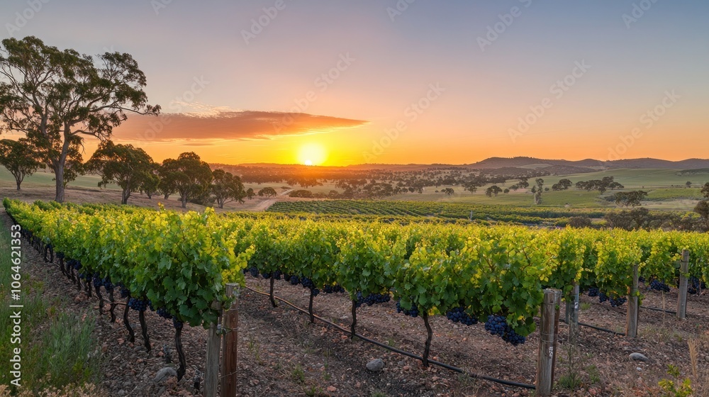Fototapeta premium A panoramic view of a vineyard at sunset, with rolling hills in the distance.