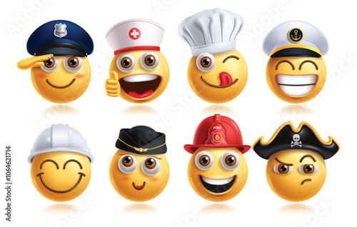 Emoji professional emoticon characters vector set. Emojis career character like police, nurse, chef, marine, engineer, stewardess, fireman and pirate 3d round face elements collection. Vector 