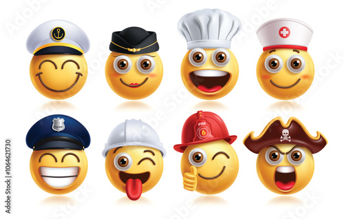 Emoji professional emoticon characters vector set. Emojis career 3d character like chef, nurse, police, engineer, fireman, pirate and doctor in round face elements collection. Vector illustration 