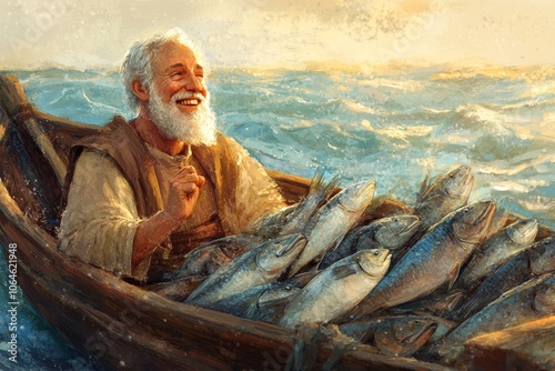 Peter's boat overflowing with fish, cartoon, Bible story.