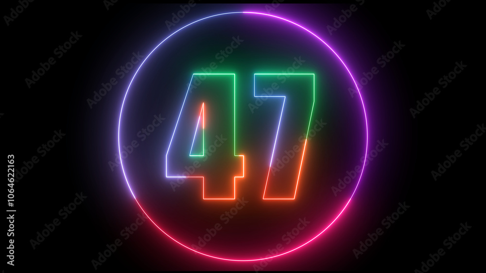 glowing Neon number 47  with neon circle illustrion on black background,  the best digital  Education concept. 