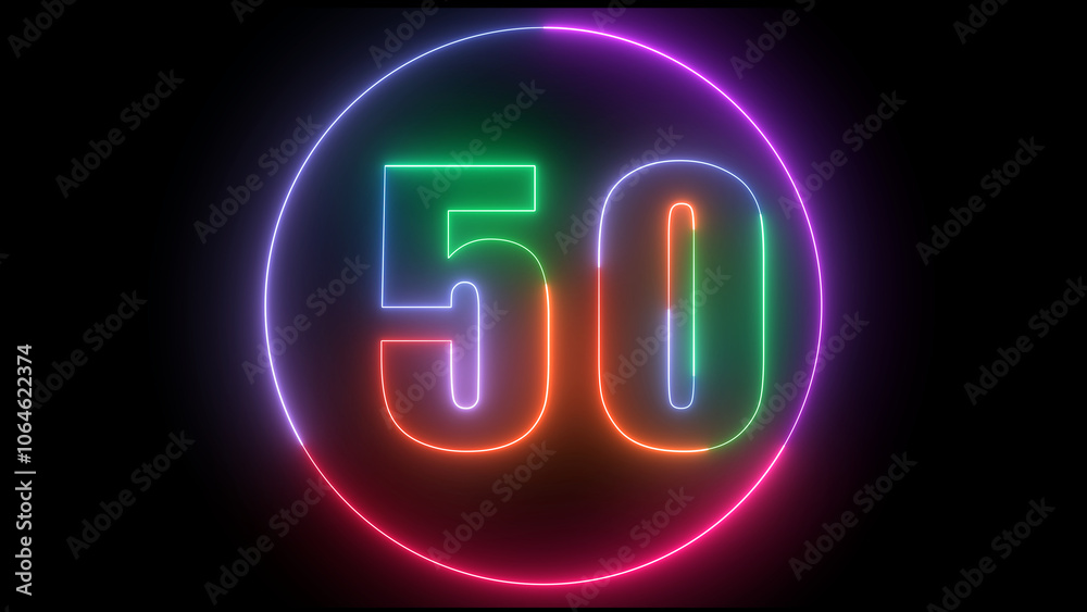 glowing Neon number 50 with neon circle illustrion on black background, the best digital Education concept. glowing Neon number 50 with neon circle illustrion on black background, the best digital Education concept.