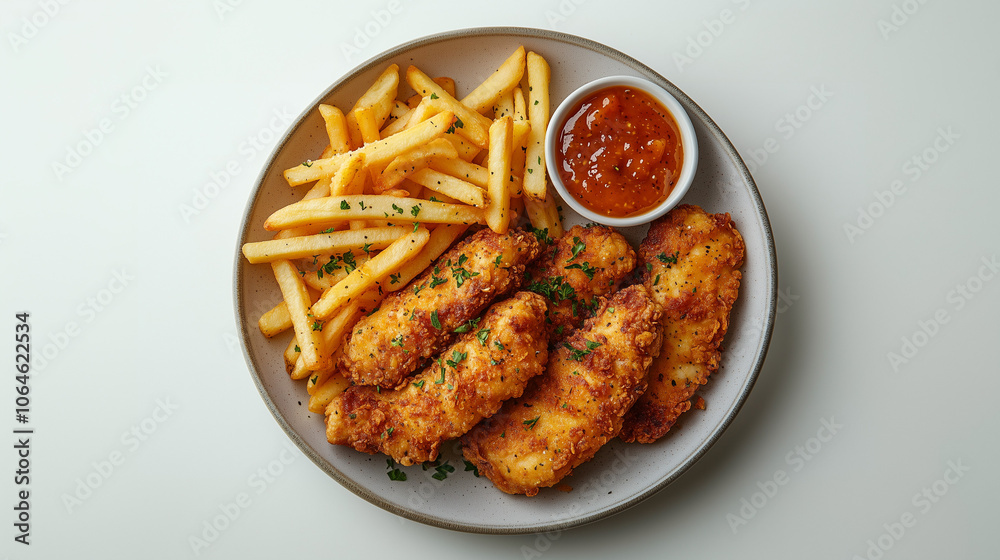 Topdown shot of Chicken and fries in plate on white tabletop Topdown shot of Chicken and fries in plate on white tabletop