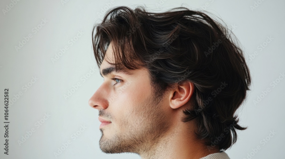 Fototapeta premium Side profile of a man with thick, voluminous hair, looking away thoughtfully on a plain white background