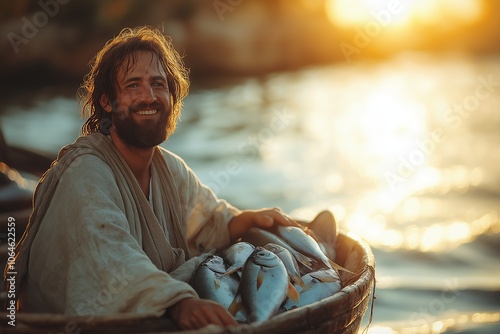 Peter's boat overflowing with fish, Bible story.	