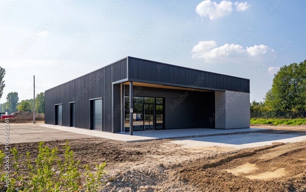 Newly constructed commercial building with dark metal siding, located in a developing area. Newly constructed commercial building with dark metal siding, located in a developing area.