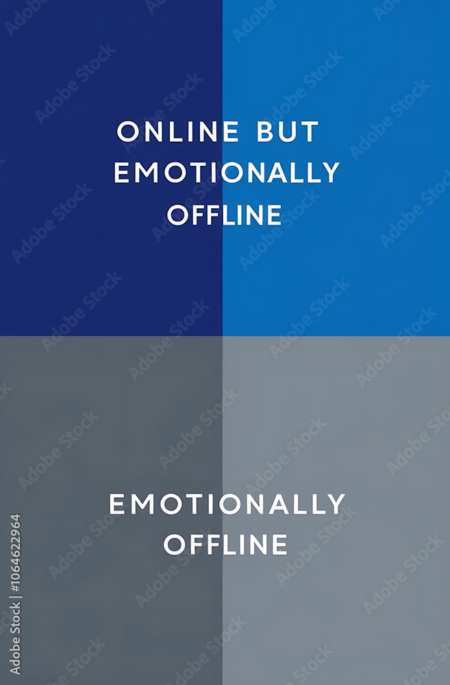 Obraz premium Minimalist poster with the phrase “Online But Emotionally Offline” in sleek typography, split into two contrasting sections—one bright, one muted—to represent a duality.