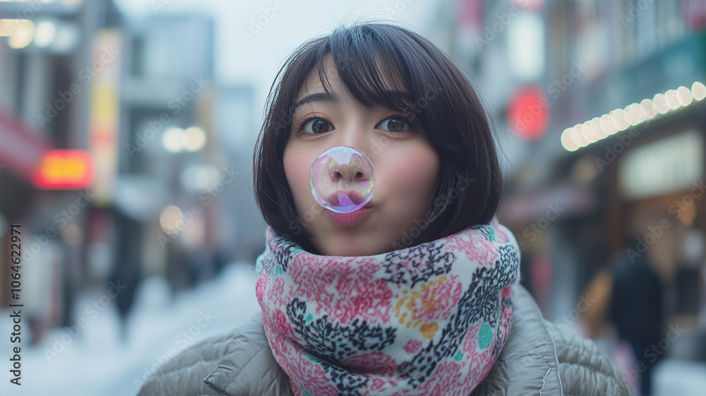 雪の日に都市通りで遊ぶ女性 雪の日に都市通りで遊ぶ女性
