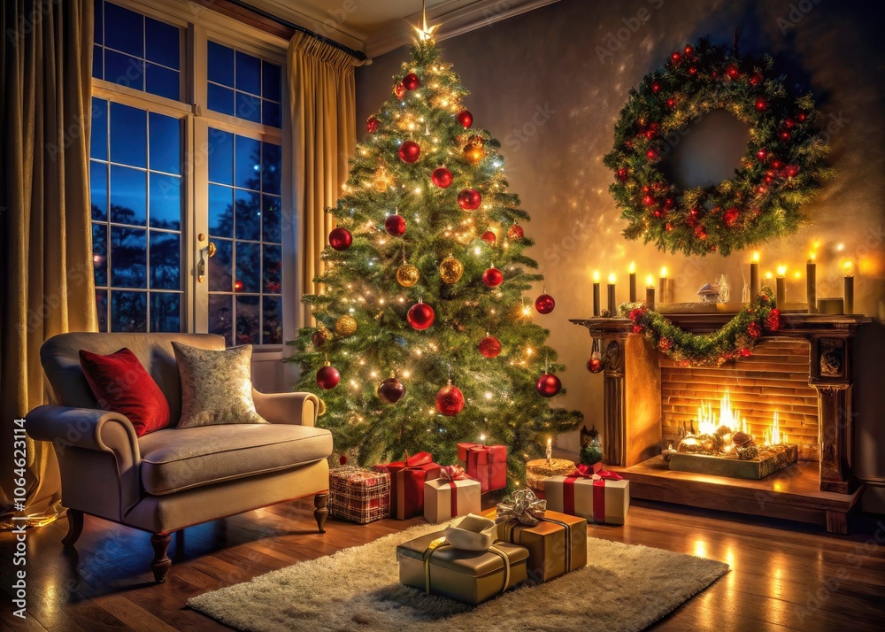 Enchanting Christmas Tree with Wrapped Gifts in Night Photography Enchanting Christmas Tree with Wrapped Gifts in Night Photography