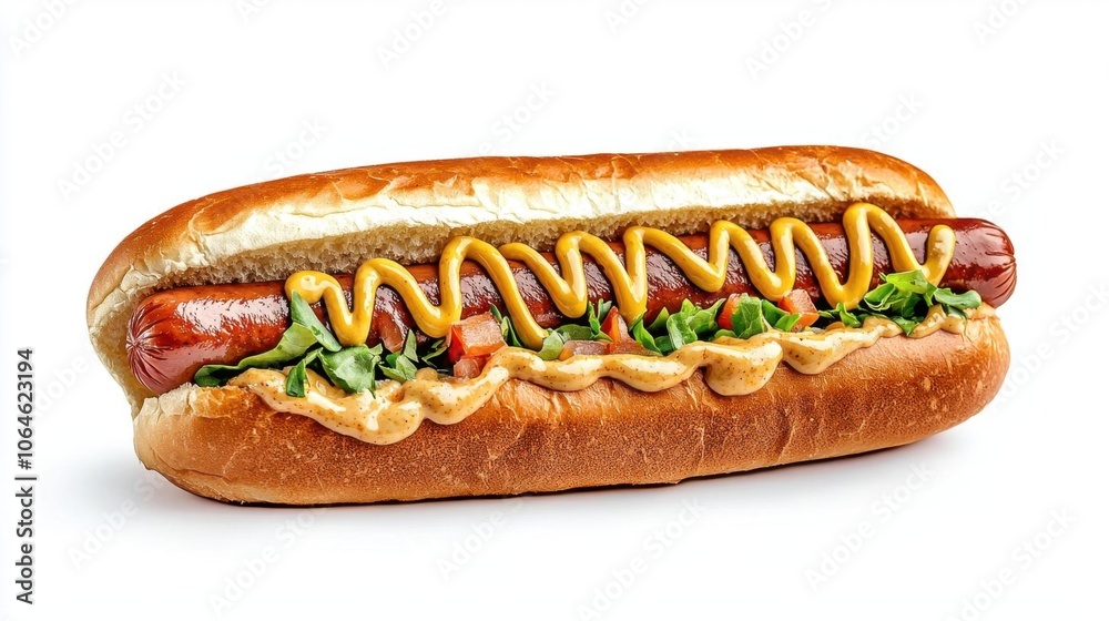 A photostock of a hot dog with mustard on a white background, isolated and appetizing. A photostock of a hot dog with mustard on a white background, isolated and appetizing.