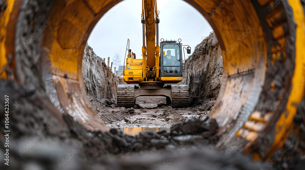 Heavy excavator at the construction site. View of the excavator through the iron pipe. Construction equipment for earthworks. Quarry excavator Heavy excavator at the construction site. View of the excavator through the iron pipe. Construction equipment for earthworks. Quarry excavator