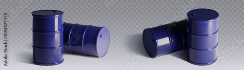 Dark blue metal oil barrel on transparent background. Realistic 3d vector illustration set of standing and lying drum for chemical liquids or fuel. Mockup of steel container for gasoline storage.