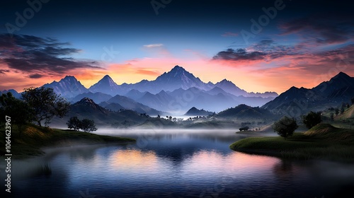 A panoramic view of a serene lake at dawn, where the calm water reflects the vibrant colors of the sunrise, surrounded by rolling hills and distant mountains. Ultra-Realistic, Photo Realistic, 