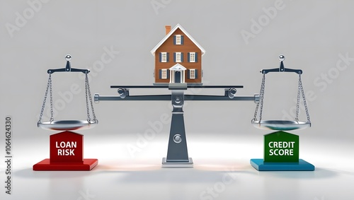 A balanced scale comparing loan risk and credit score, with a house model positioned above, symbolizing mortgage evaluation and financial considerations. photo