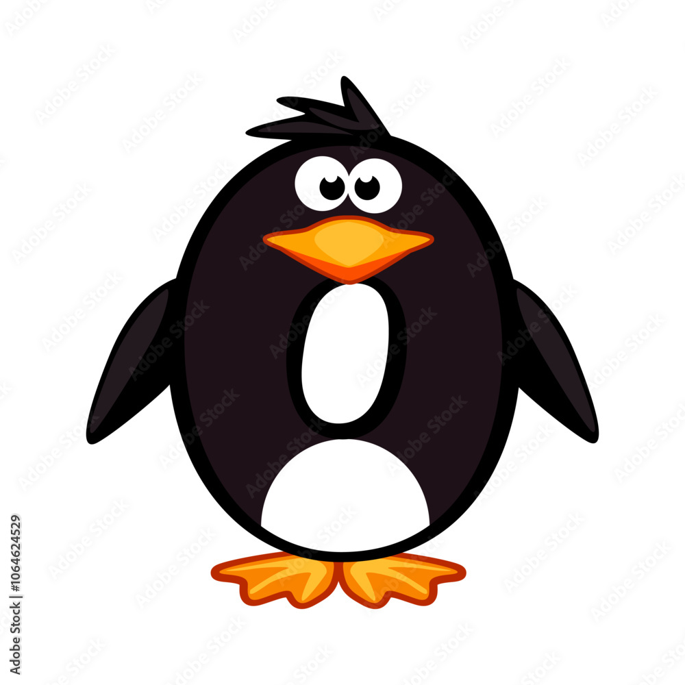 Fototapeta premium Cartoon number 0 like penguin, figure Zero or letter O. Cartoon of number with a animal concept. Calligraphy, lettering, typography for your Education cards or game